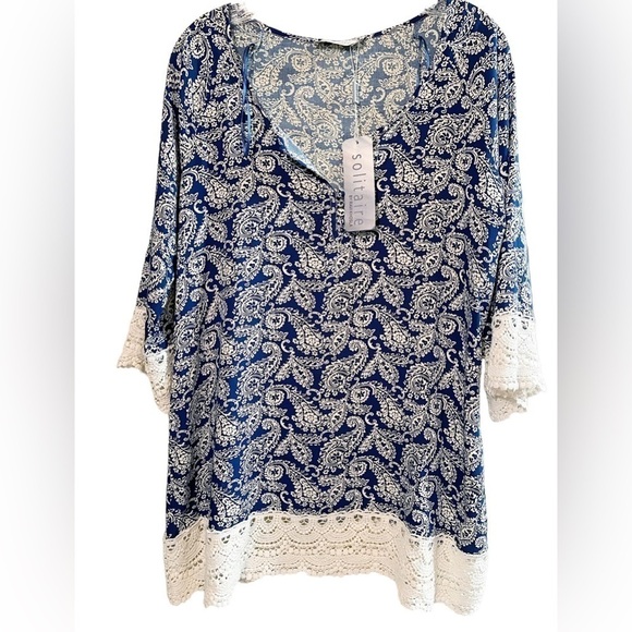 Solitaire V-Neck Crotchet Multiprint Blue and Cream Top L - Picture 1 of 9